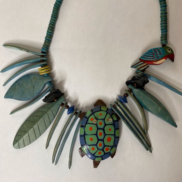 Vintage Wooden Turtle Parrot Necklace Blue Green 14" - Picture 11 of 12
